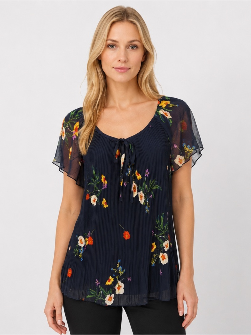 Blousology Dark Navy Floral Round Keyhole Neckline Pleated Blouse Size X-Large